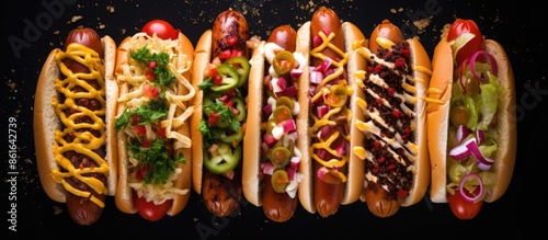 Top view of various hot dog...