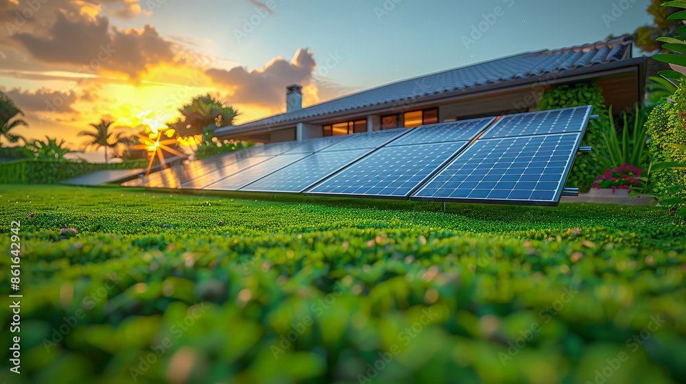 Fototapeta premium Photorealistic image of solar panels in the foreground with a picturesque mountain range in the background. The scene captures the essence of renewable energy with sunlight illuminating the panel.