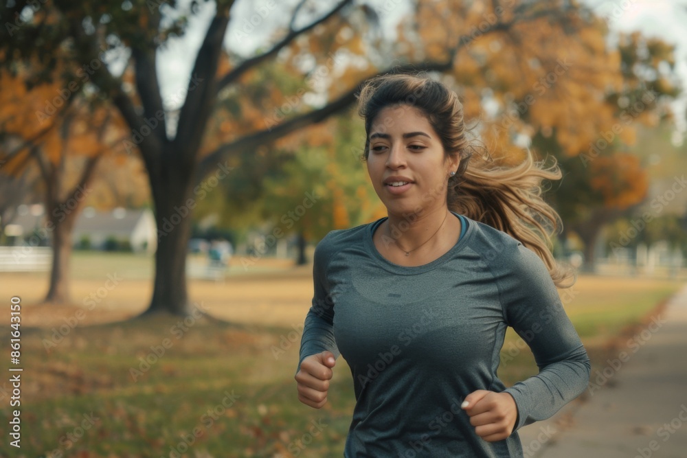 Young adult fit Hispanic woman running in park Young adult fit Hispanic woman running in park