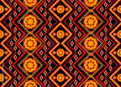 Seamless Geometric Pattern with Floral Motifs in Orange and Red
