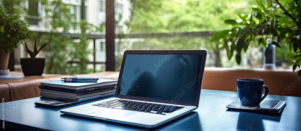 Home office desk with a notebook providing copy space for a workspace and technology theme, emphasizing the notebook and home office concepts. Home office desk with a notebook providing copy space for a workspace and technology theme, emphasizing the notebook and home office concepts.