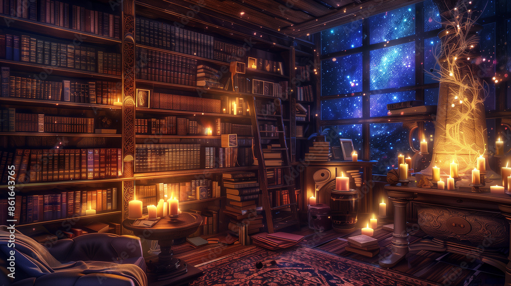 A cozy, magical library filled with floating books, enchanted candles, and hidden secrets. A cozy, magical library filled with floating books, enchanted candles, and hidden secrets.