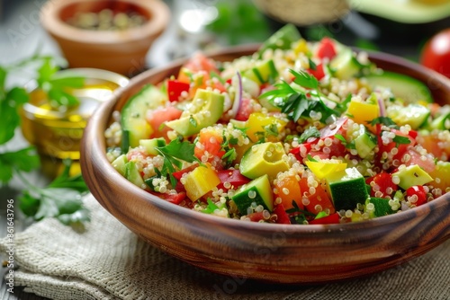 Chopped vegetable salad with quinoa and avocado in bowl on table