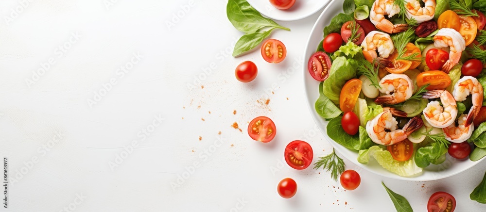 Flat lay of a tasty salad with shrimp, tomatoes, and croutons on a white table, offering a spacious area for text in the image. with copy space image. Place for adding text or design Flat lay of a tasty salad with shrimp, tomatoes, and croutons on a white table, offering a spacious area for text in the image. with copy space image. Place for adding text or design