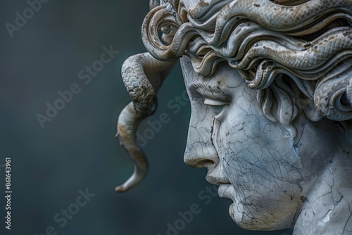 A sculpture featuring a woman's head with a snake wrapped around it, possibly symbolic or mythological photo