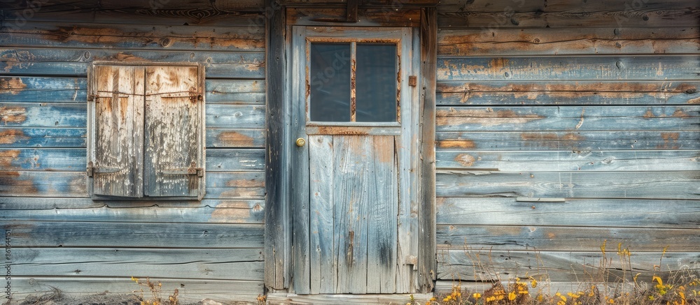 Old wooden house exterior with an antique glass door set within a cracked window, creating a rustic charm with copy space image potential.