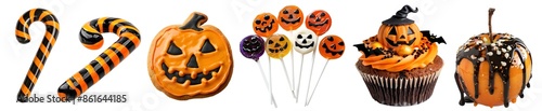 Collection of Halloween sweet candy cupcake cookie lollipop toffee apple on transparent cutout. PNG file. Many different design. Mockup template for artwork design photo