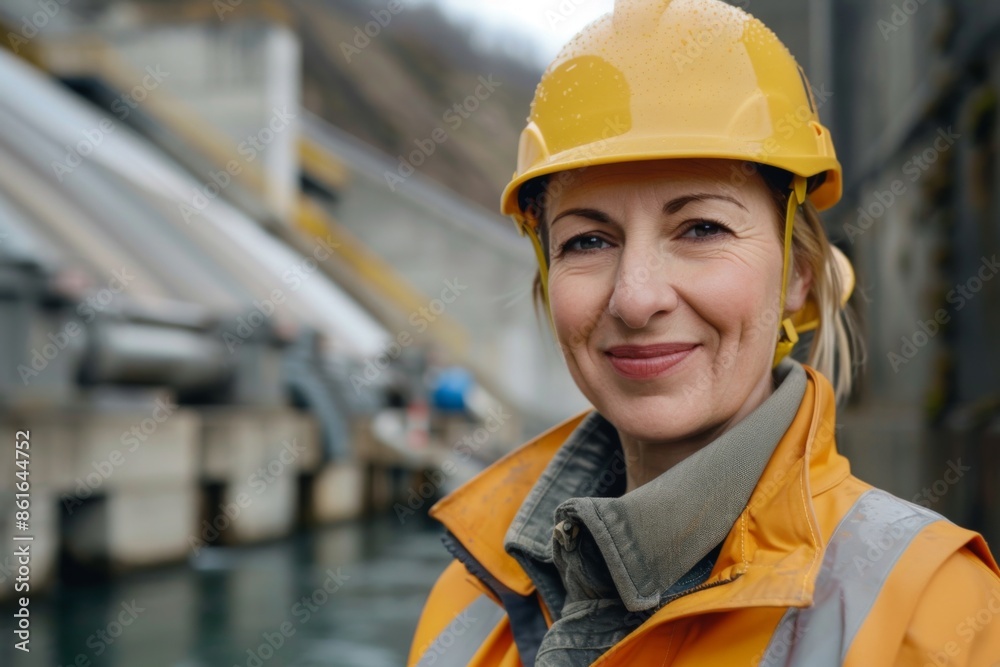 Portrait of a middle aged smiling female engineer at Hydroelectric Dam Portrait of a middle aged smiling female engineer at Hydroelectric Dam