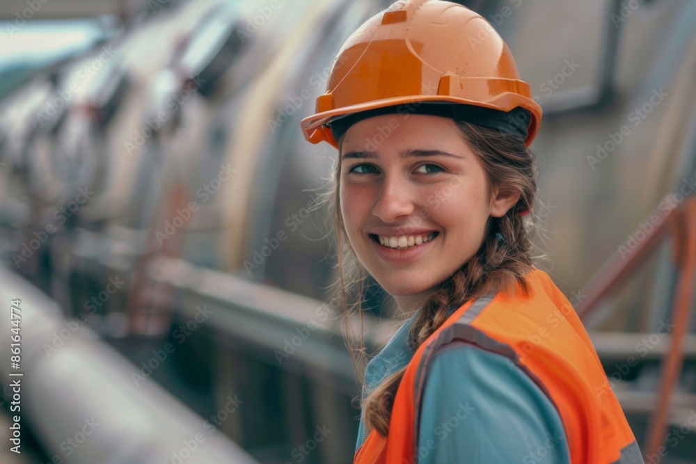 Portrait of a young smiling female engineer at Hydroelectric Dam Portrait of a young smiling female engineer at Hydroelectric Dam