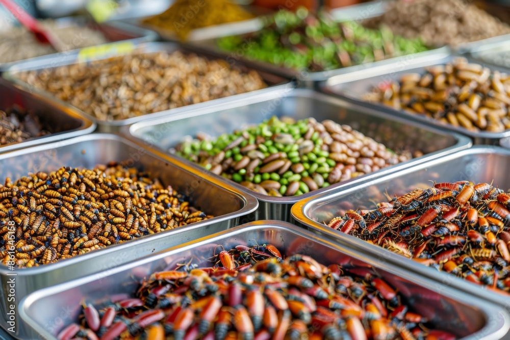 Obraz premium Edible insects in trays at vibrant food market