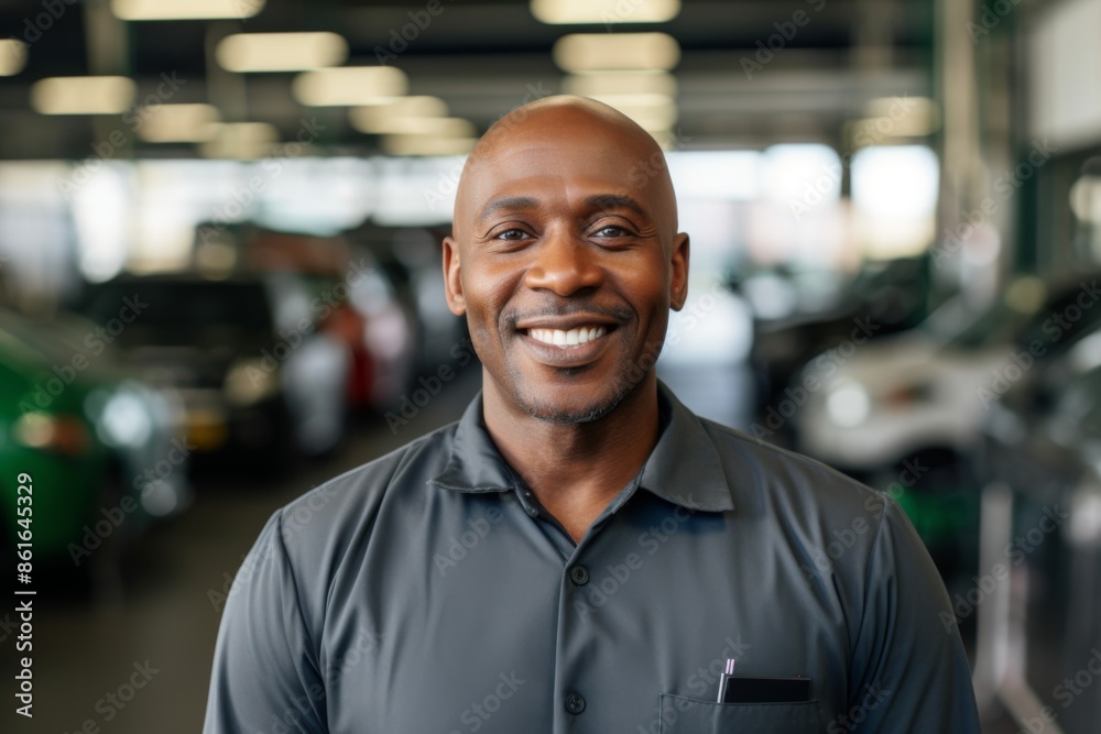 Portrait of a smiling middle aged African American male car mechanic Portrait of a smiling middle aged African American male car mechanic