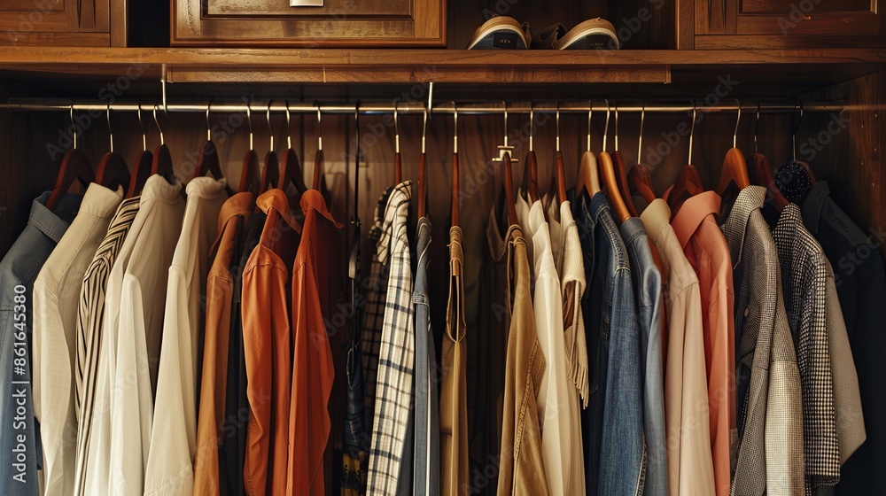 shirts and dress hanging on rail in wooden wardrobe at home