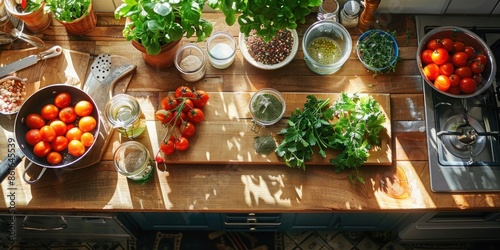 Culinary class setup on a wooden kitchen counter. Sophistication to the culinary adventure. Shot from above.