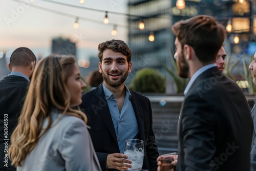 Entrepreneurs networking at a highend rooftop party, Realism, Soft lighting, Photography, exclusive events