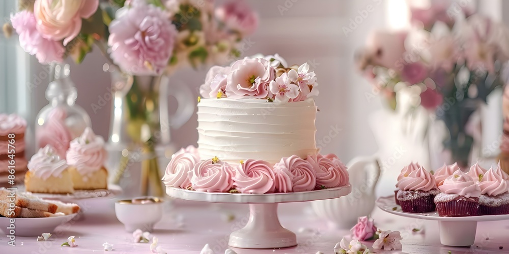Beautifully decorated dessert table featuring flowers and a scrumptious white and pink cake. Concept Dessert Table, Flower Decor, White and Pink Cake, Beautiful Presentation Beautifully decorated dessert table featuring flowers and a scrumptious white and pink cake. Concept Dessert Table, Flower Decor, White and Pink Cake, Beautiful Presentation