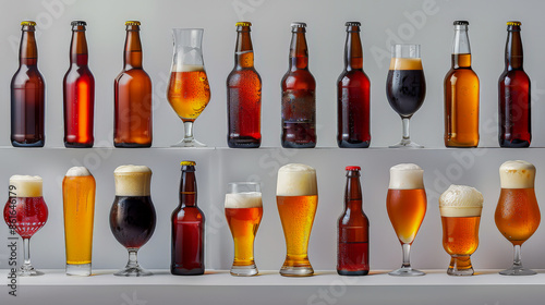 Photorealistic image showcasing an elegant array of various beer bottles and glasses, perfectly capturing the diversity of craft beers. The display features different colors, styles.