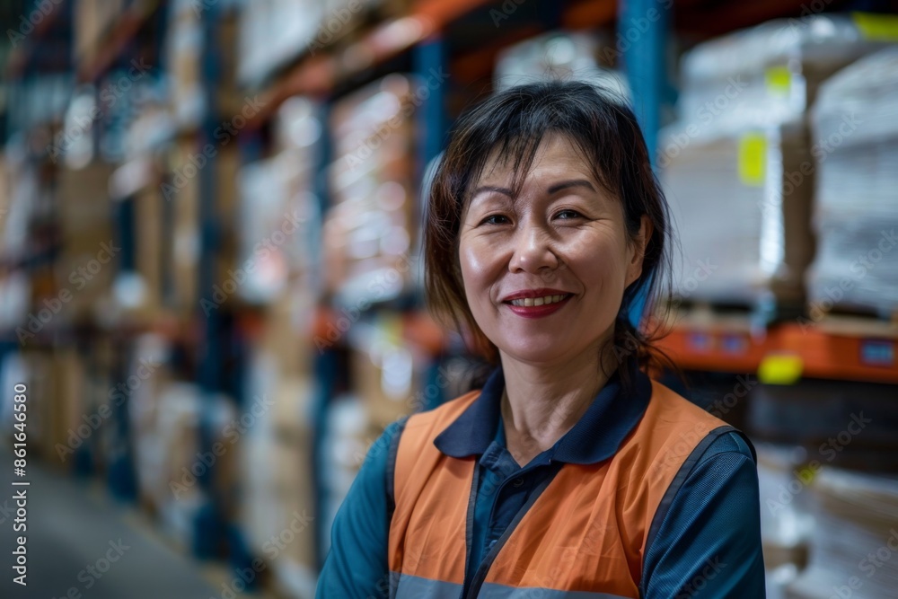 Portrait of a smiling middle aged female warehouse worker Portrait of a smiling middle aged female warehouse worker