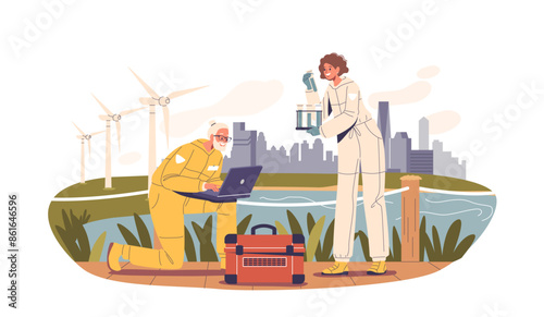 Two Scientists Collecting Water Samples By A River With Wind Turbines And City Skyline In The Background