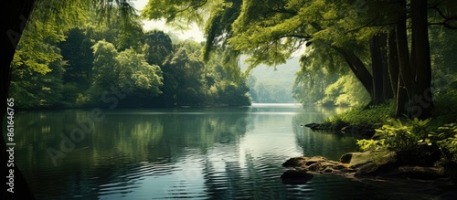 A serene lake surrounded by...