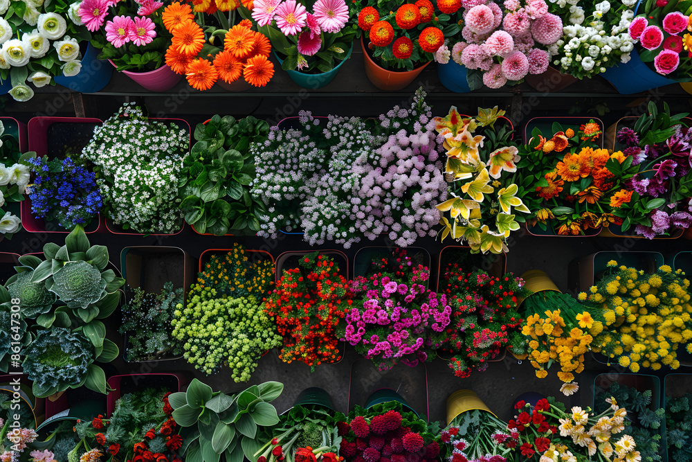 Vibrant Display of Colorful Flowers in a Garden Center
