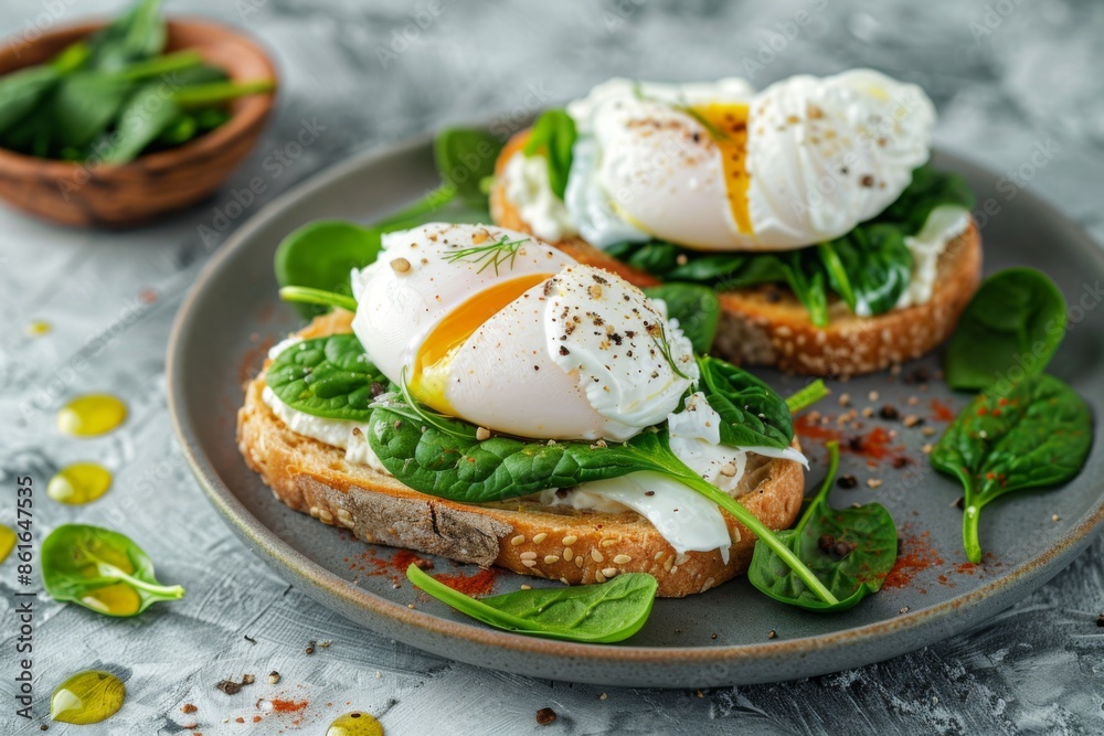 Avocado toast with poached eggs on plate