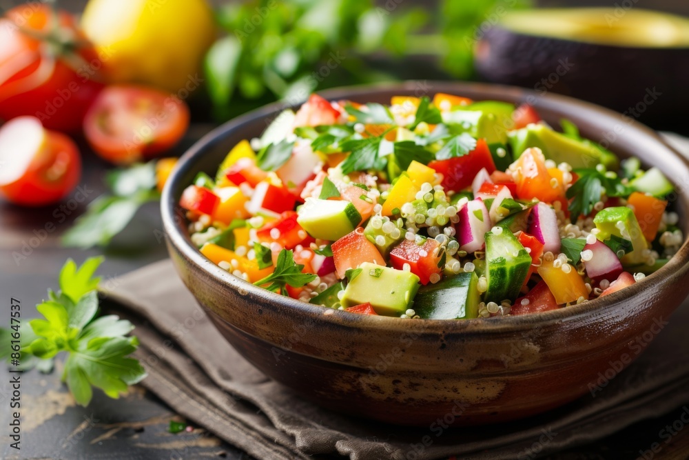 Chopped vegetable salad with quinoa and avocado in bowl on table Chopped vegetable salad with quinoa and avocado in bowl on table