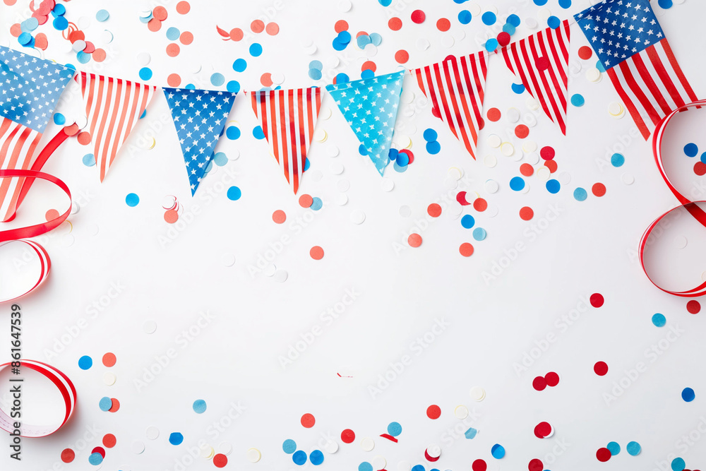 Obraz premium Celebrate Presidents Day with a patriotic banner mockup featuring American flags, confetti, and ribbons. Perfect for USA holidays and election-themed designs