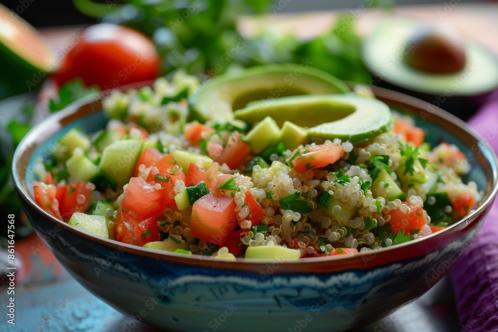 Chopped vegetable salad with quinoa and avocado in bowl on table Chopped vegetable salad with quinoa and avocado in bowl on table