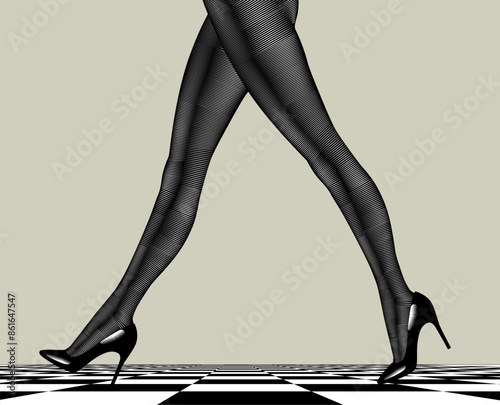 A wide step of the legs of a woman in dark tights and high-heeled shoes on the chess floor in perspective. Conceptual fashion vector illustration in vintage engraving style