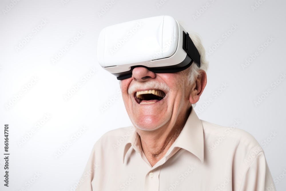 Old man with glasses of virtual reality on a white background. Future technology concept. Modern imaging technology. AI generated Old man with glasses of virtual reality on a white background. Future technology concept. Modern imaging technology. AI generated