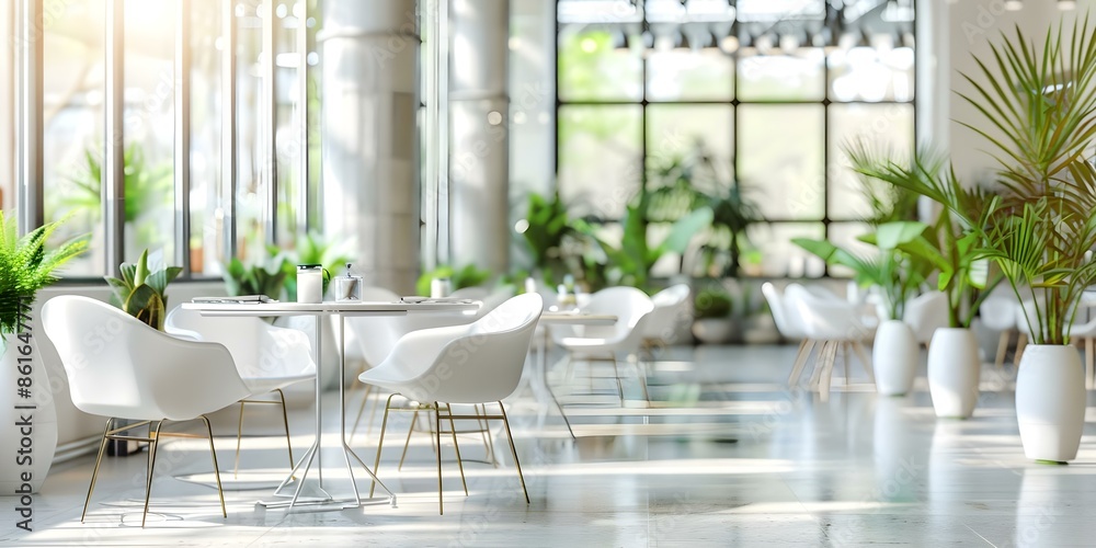 Modern interior design with white chairs, large windows, plants, and tables in a restaurant or office. Concept White chairs, Large windows, Plants, Tables, Modern interior design