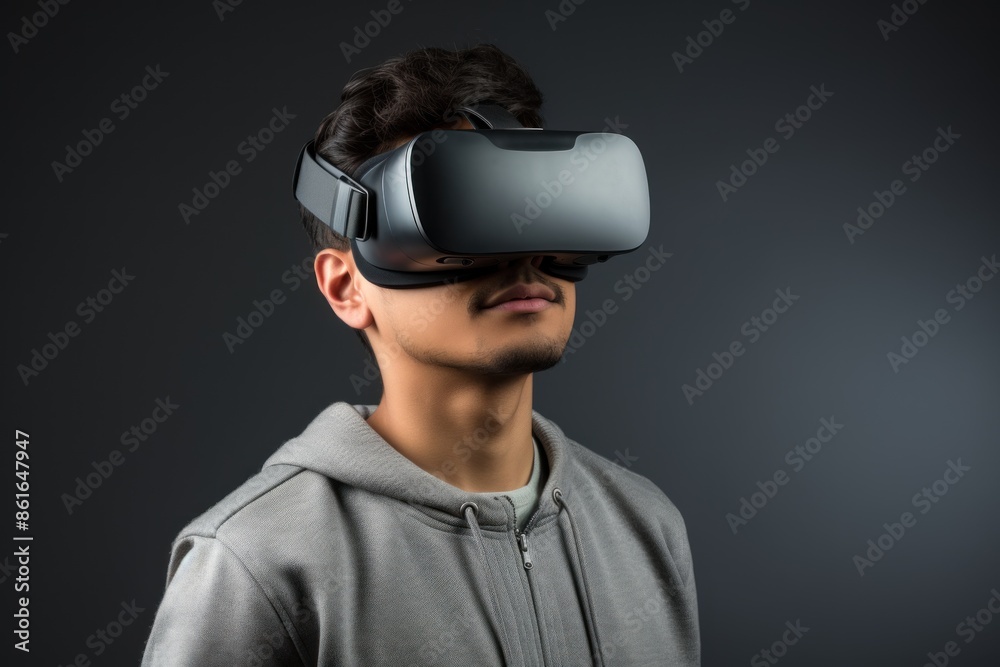 young man with glasses of virtual reality on a dark background. Future technology concept. Modern imaging technology. AI generated young man with glasses of virtual reality on a dark background. Future technology concept. Modern imaging technology. AI generated