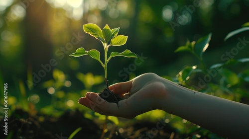 A hand holding a seedling, signifying the growth of ideas.