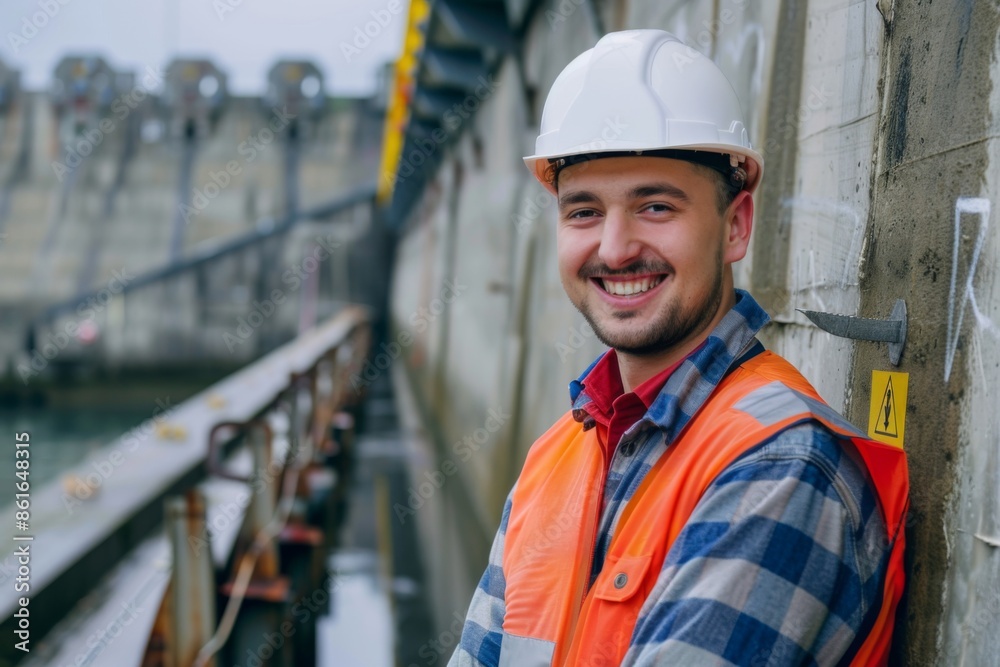 Portrait of a young smiling male engineer at Hydroelectric Dam Portrait of a young smiling male engineer at Hydroelectric Dam