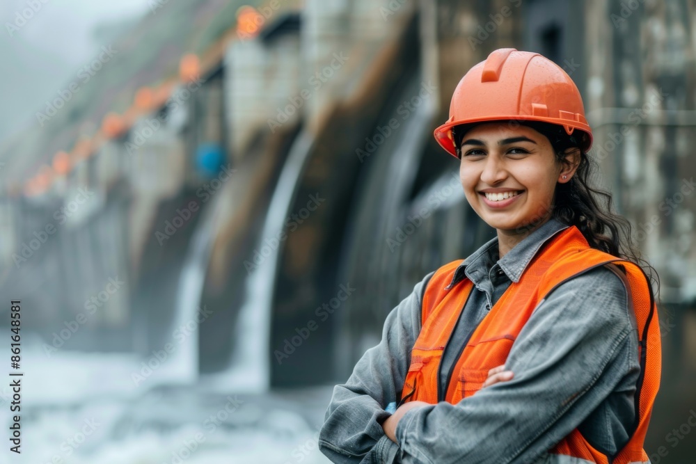 Portrait of a young smiling female engineer at Hydroelectric Dam Portrait of a young smiling female engineer at Hydroelectric Dam