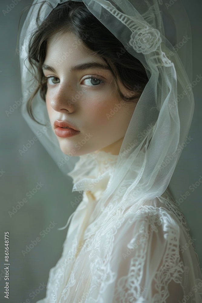 A woman wearing a veil, possibly for religious or cultural purposes A woman wearing a veil, possibly for religious or cultural purposes