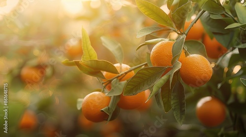A group of oranges are hanging from a tree branch, ready to be picked