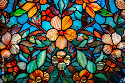 High resolution stained glass background featuring floral motifs