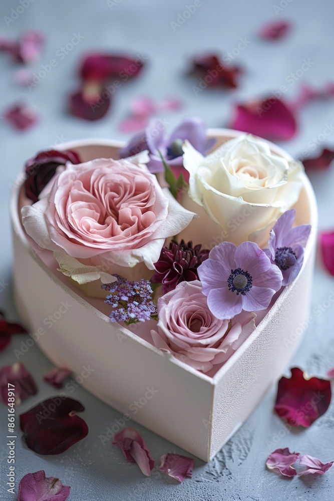 A heart-shaped box filled with fresh flowers on a table, perfect for romantic occasions or as a gift A heart-shaped box filled with fresh flowers on a table, perfect for romantic occasions or as a gift