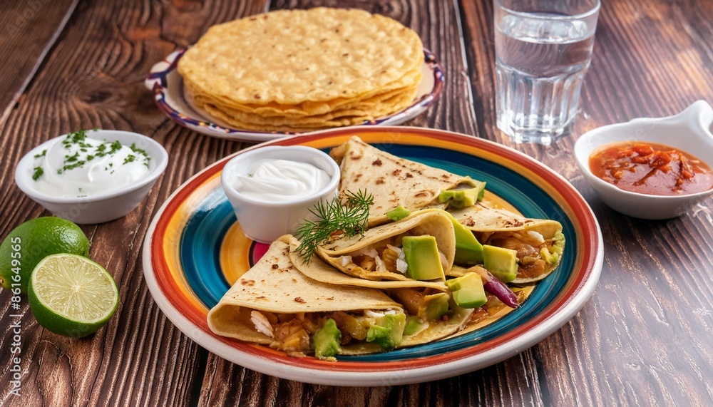 Golden brown Venezuelan arepas filled with shredded chicken and avocado on a colorful plate. Served with a small bowl of spicy sauce