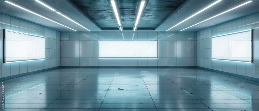 Fototapeta premium Urban underground scene with two blank billboards, dramatic lighting, ready for advertisement or design content