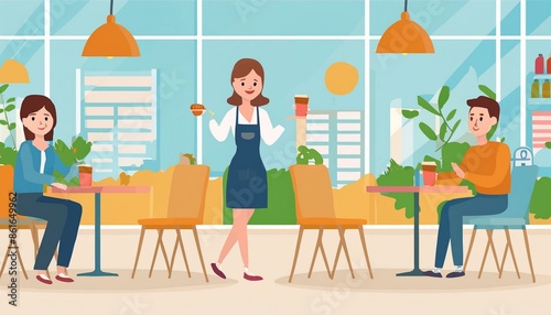 カフェ店内のウェイターとお客さんのイラスト