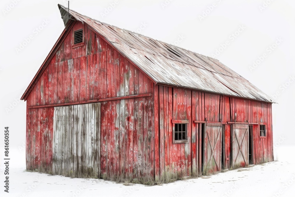 A classic red barn surrounded by a snowy field A classic red barn surrounded by a snowy field