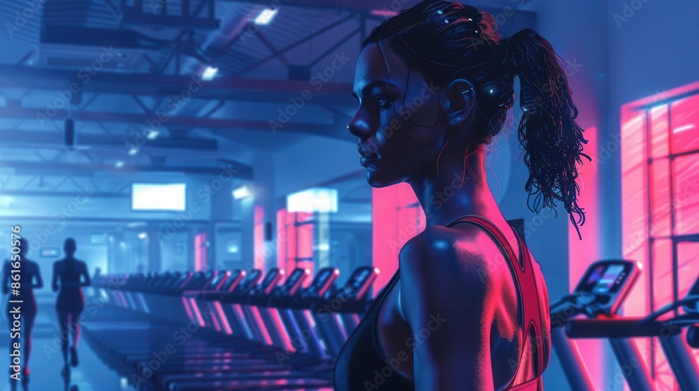 Fototapeta premium Fitness class with a personal trainer using AI assistance