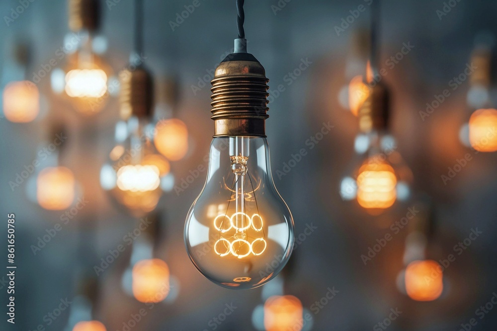 A glowing light bulb hanging on a wire, against the background of other light bulbs and a gray background with copy space. Idea and inspiration concept. Electric lamps, 3D rendering, energy saving con A glowing light bulb hanging on a wire, against the background of other light bulbs and a gray background with copy space. Idea and inspiration concept. Electric lamps, 3D rendering, energy saving con