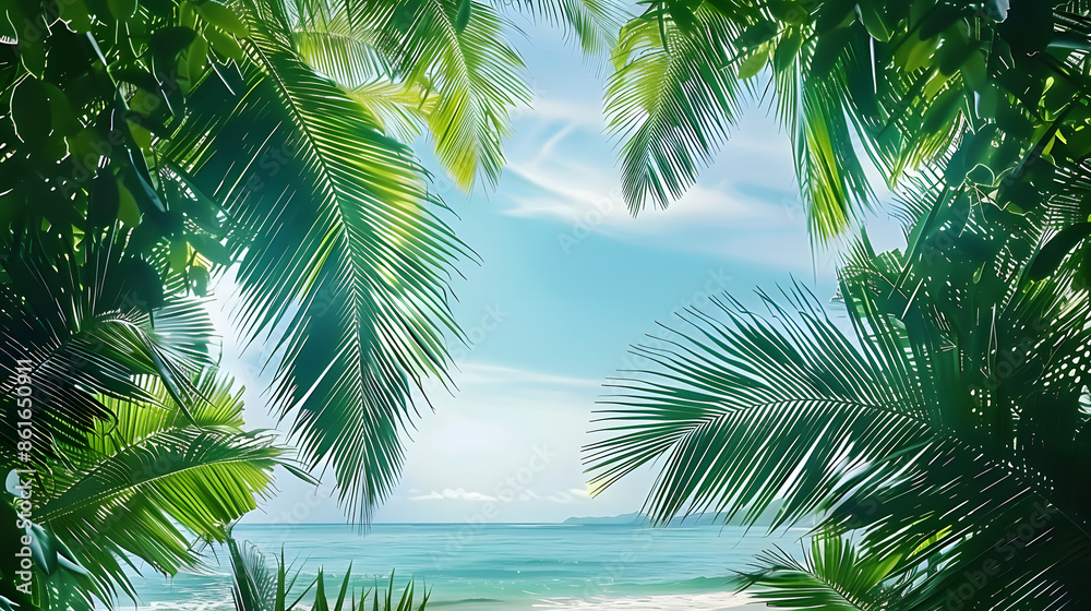 Coconut palms frame the ocean view with their lush greenery