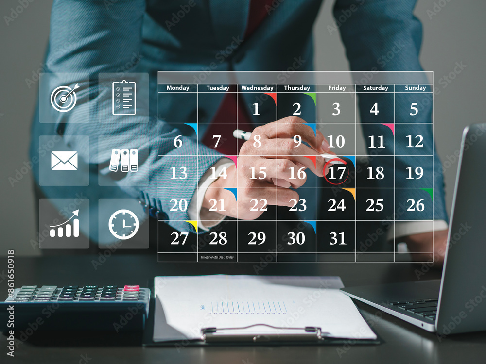 © MrPanya - Businessman with meeting schedule, calendar, marking due date, appointment calendar, reminder for organizer, meeting agenda. Schedule an activity time management concept
