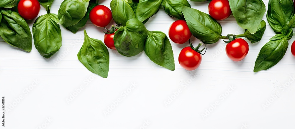 High quality photo featuring a flat lay of ripe red cherry tomatoes and fresh green spinach leaves on a white background, emphasizing a concept of healthy eating with copy space image. High quality photo featuring a flat lay of ripe red cherry tomatoes and fresh green spinach leaves on a white background, emphasizing a concept of healthy eating with copy space image.