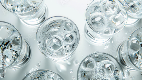 Top-down photorealistic image of multiple glasses filled with sparkling water and ice cubes. The image captures the effervescence.