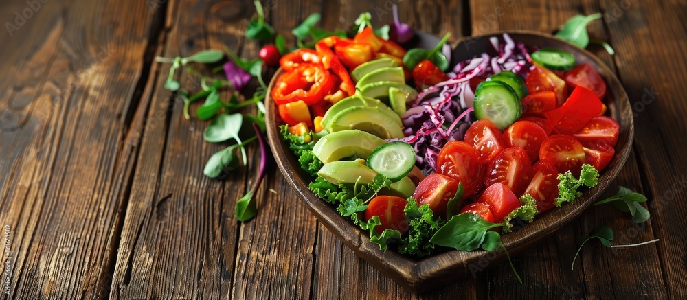 Heart shaped plate with healthy food set on wooden background with copy space image. Heart shaped plate with healthy food set on wooden background with copy space image.